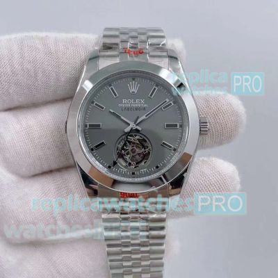 AAA clone Rolex Oyster Perpetual Label Noir Grey Dial Tourbillon Watch Jubilee Band